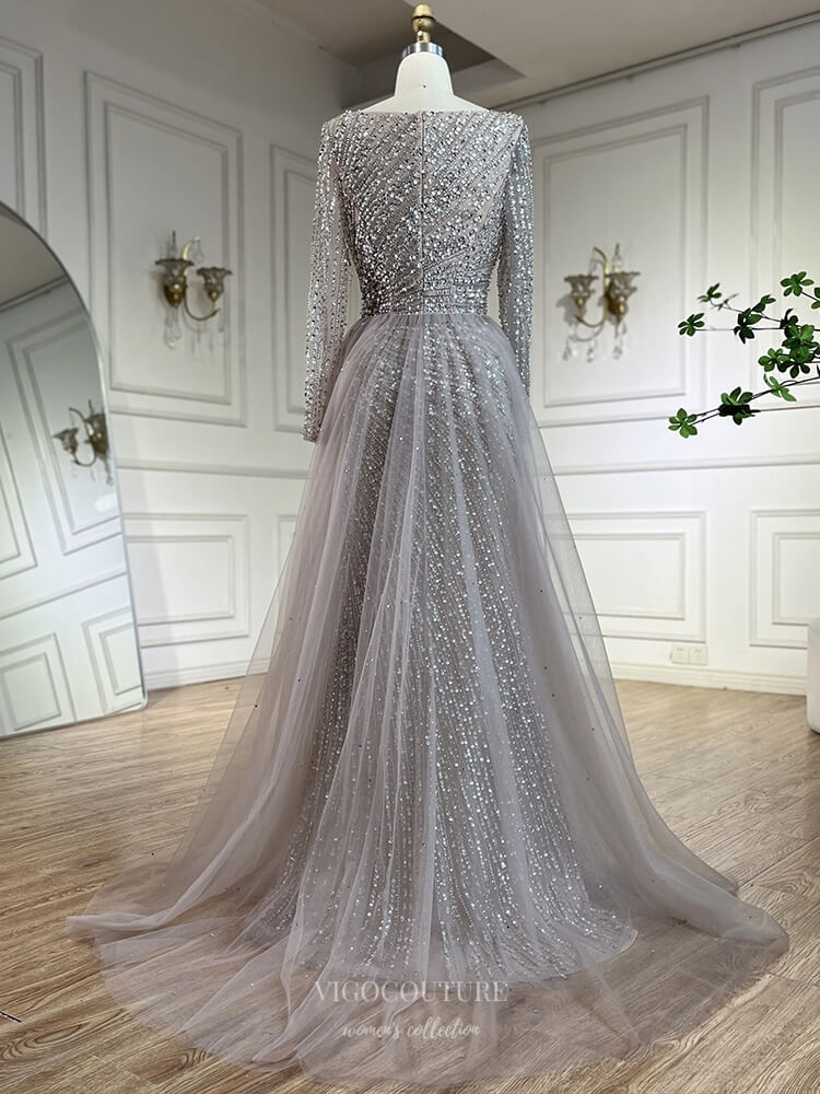Elegant Beaded Mermaid Pageant Dresses Removable Overskirt Long Sleeve Evening Dress 25021 - Silver / US14 Elegant Beaded Mermaid Pageant Dresses Removable Overskirt Long Sleeve Evening Dress 25021 - Silver / US14