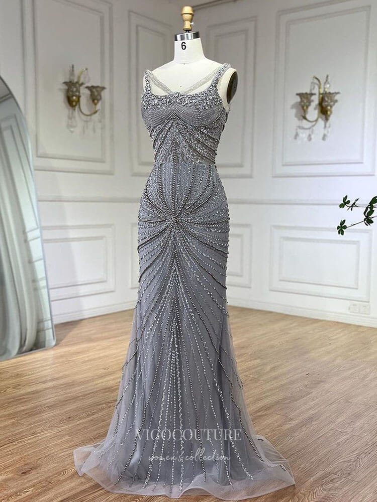 Prom Dress 2025 Elegant Beaded Mermaid Prom Dresses Spaghetti Strap Pageant Dress 24510-unique elegant Prom Dresses-Dusty Pink-US2-vigocouture