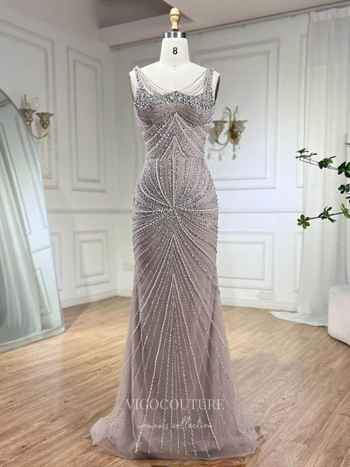 Prom Dress 2025 Elegant Beaded Mermaid Prom Dresses Spaghetti Strap Pageant Dress 24510-unique elegant Prom Dresses-Dusty Pink-US2-vigocouture