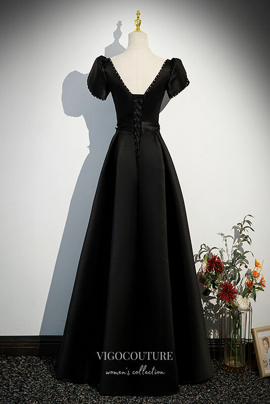 Elegant Black Satin Prom Dress with Puffed Sleeve 22315 Black / US6 Elegant Black Satin Prom Dress with Puffed Sleeve 22315 Black / US6
