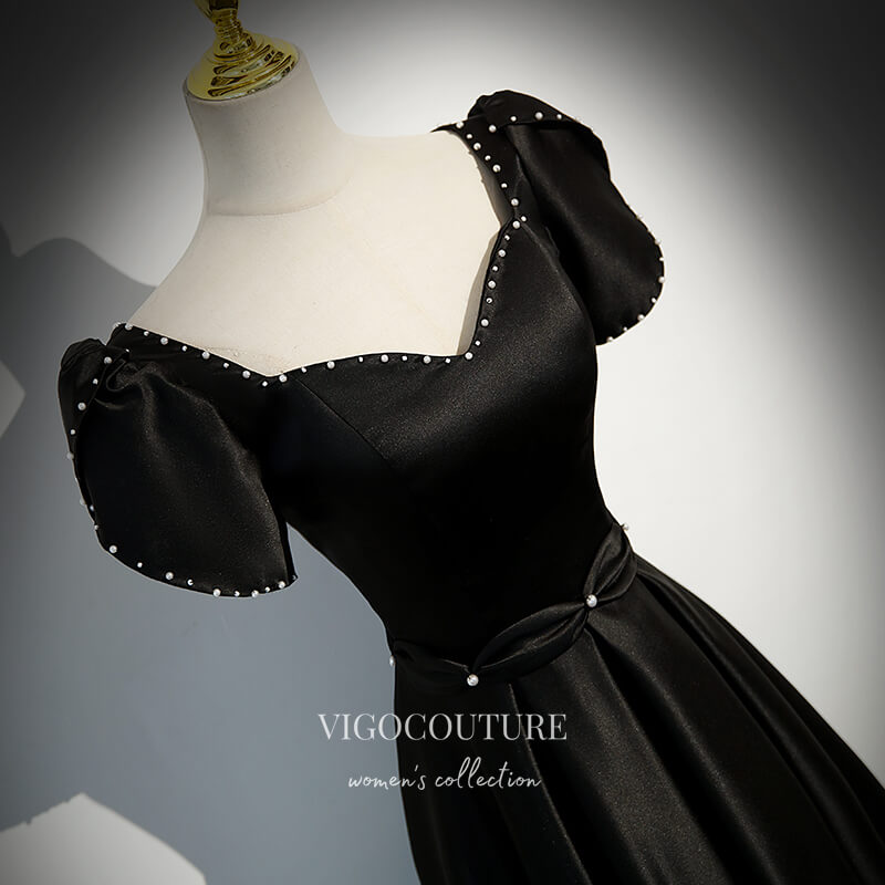 Prom Dress 2025 Elegant Black Satin Prom Dress with Puffed Sleeve 22315-unique elegant Prom Dresses-Black-Custom Size-vigocouture