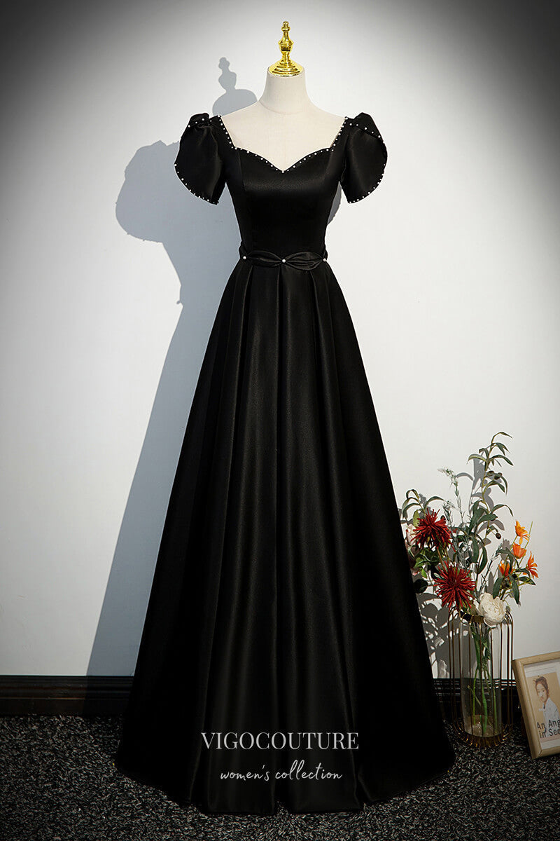 Elegant Black Satin Prom Dress with Puffed Sleeve 22315 – vigocouture