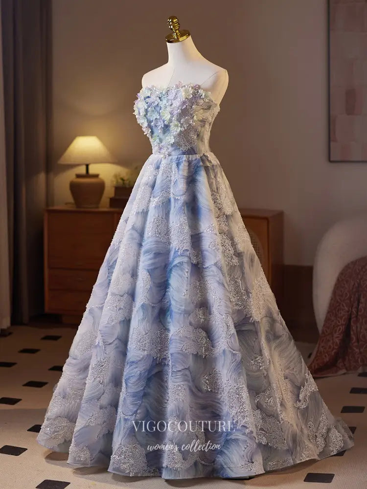 Elegant Blue Floral Strapless Prom Ball Gown 3D Appliqu Lace Formal Dress - 25313 Custom Colors / US2 Elegant Blue Floral Strapless Prom Ball Gown 3D Appliqu Lace Formal Dress - 25313 Custom Colors / US2