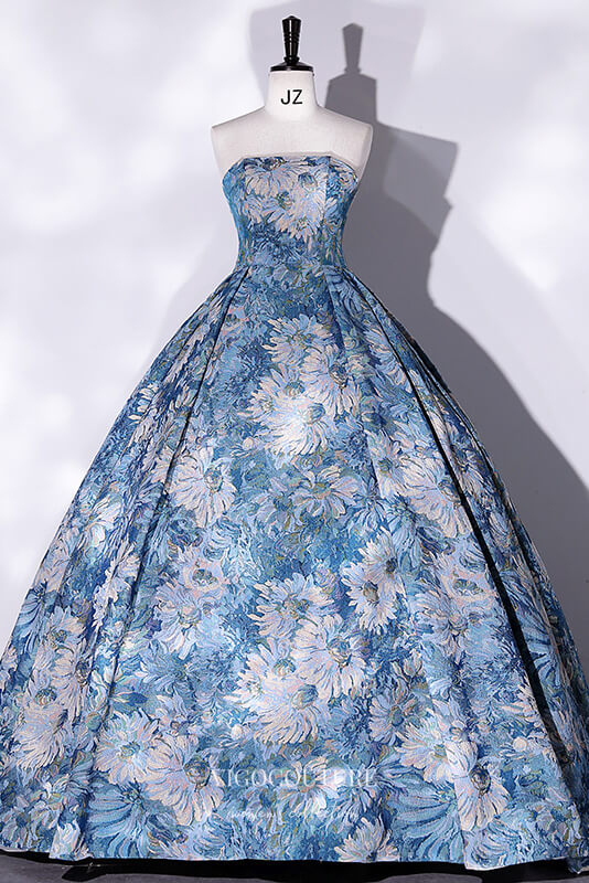 Elegant Blue Jacquard Satin Prom Dress with Puffed Sleeve 22339 – vigocouture Elegant Blue Jacquard Satin Prom Dress with Puffed Sleeve 22339 – vigocouture