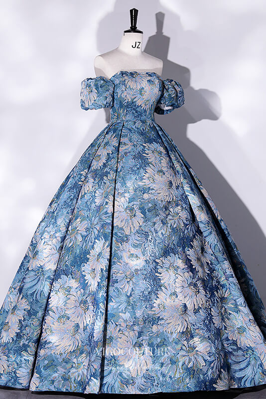 Elegant Blue Jacquard Satin Prom Dress with Puffed Sleeve 22339 Blue / US2 Elegant Blue Jacquard Satin Prom Dress with Puffed Sleeve 22339 Blue / US2