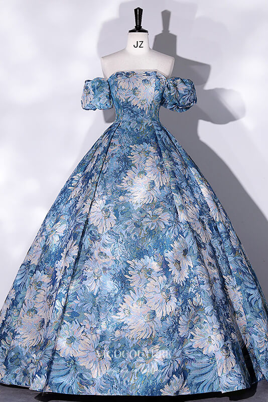 Elegant Blue Jacquard Satin Prom Dress with Puffed Sleeve 22339 Blue / US2 Elegant Blue Jacquard Satin Prom Dress with Puffed Sleeve 22339 Blue / US2