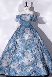 Elegant Blue Jacquard Satin Prom Dress with Puffed Sleeve 22339