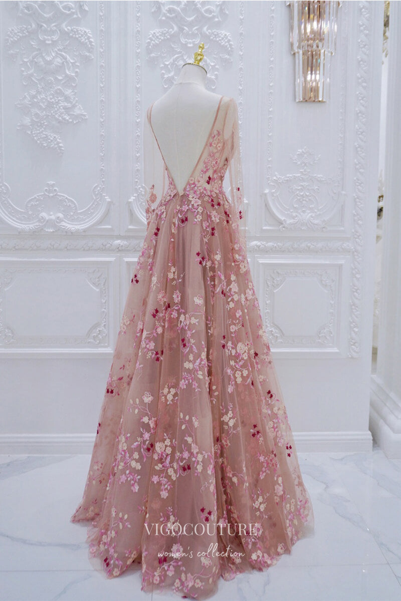 Elegant Blush Lace Applique Prom Dress with Long Sleeve and Open Back 22281 Custom Colors / US8 Elegant Blush Lace Applique Prom Dress with Long Sleeve and Open Back 22281 Custom Colors / US8