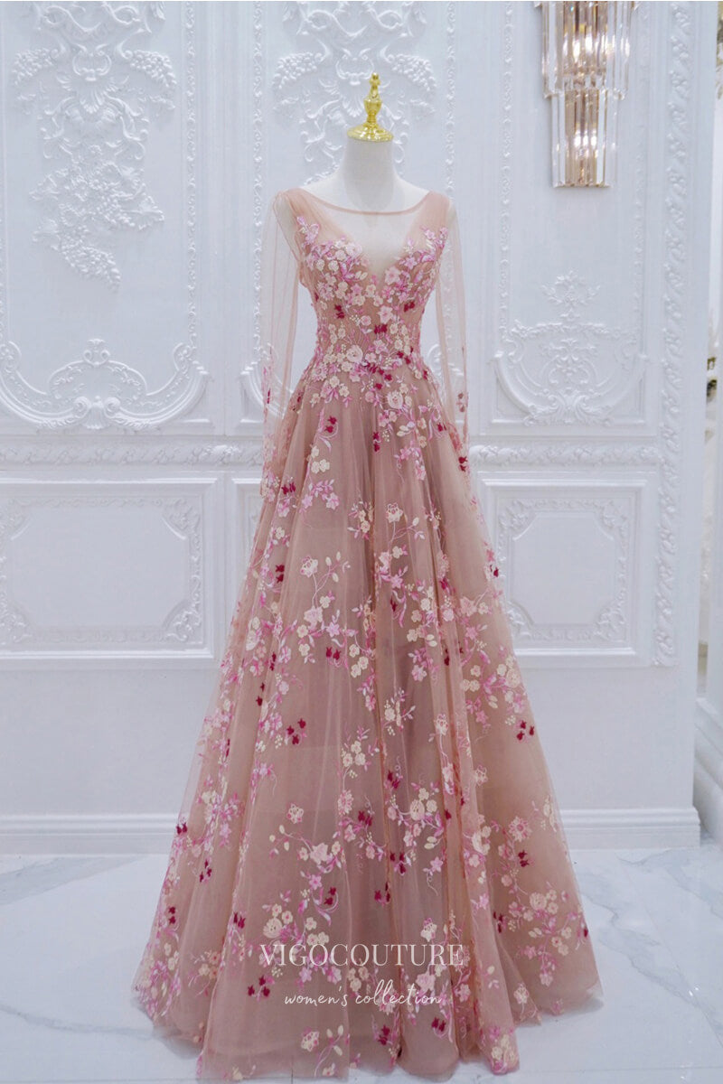 Prom Dress 2025 Elegant Blush Lace Applique Prom Dress with Long Sleeve and Open Back 22281-unique elegant Prom Dresses-Blush-Custom Size-vigocouture