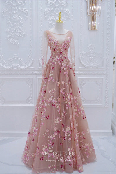 blush lace prom dress Round Neck White Lace Pink Long Prom Dresses, Pink Lace Formal Graduation  Evening Dresses