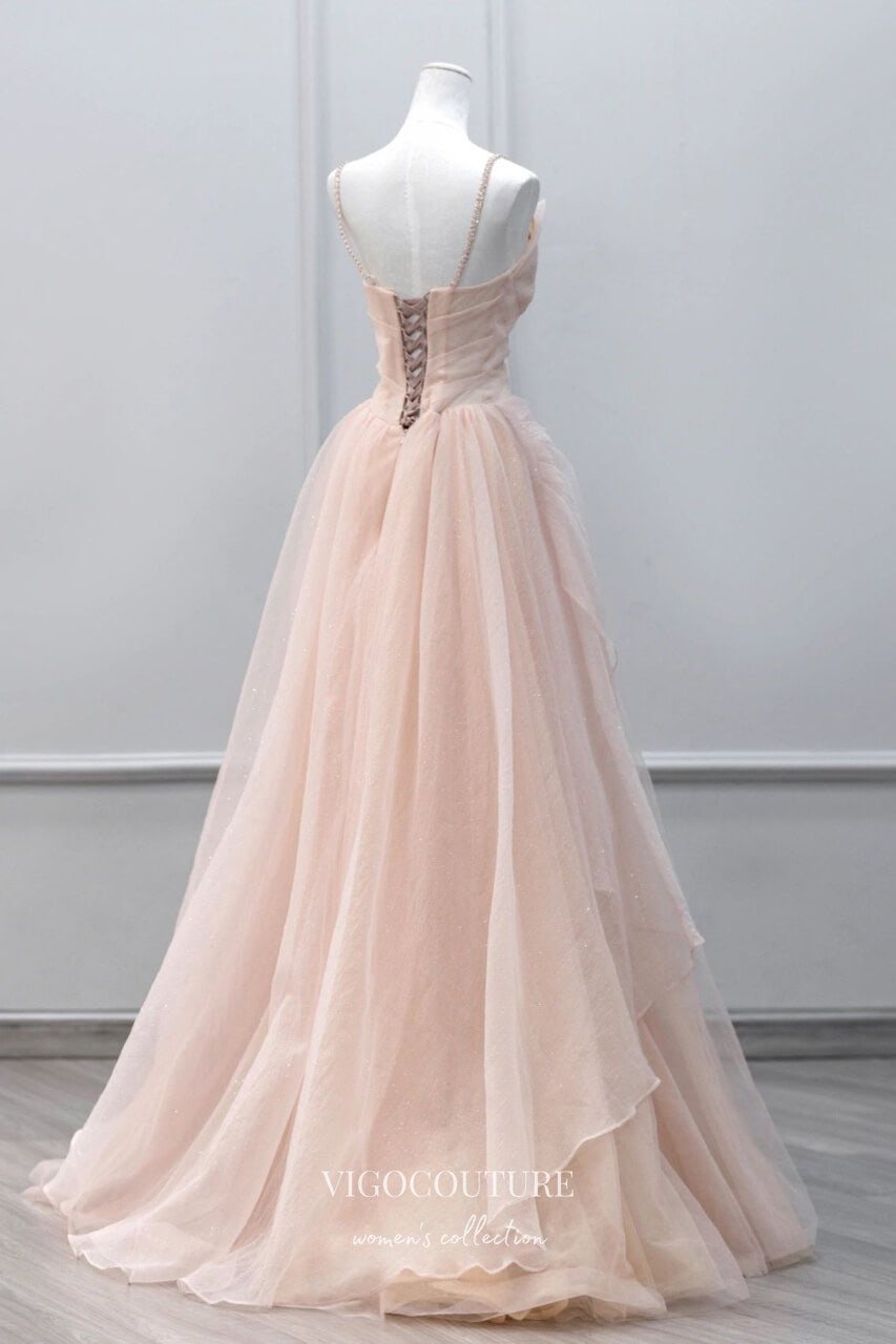 Prom Dress 2025 Elegant Blush Prom Dress with Sweetheart Neck and Beaded Spaghetti Strap 22310-unique elegant Prom Dresses-Blush-Custom Size-vigocouture