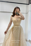 Prom Dress 2025 Elegant Champagne Beaded Prom Dress with Long Sleeve and Overskirt 22252-unique elegant Prom Dresses-Champagne-US2-vigocouture