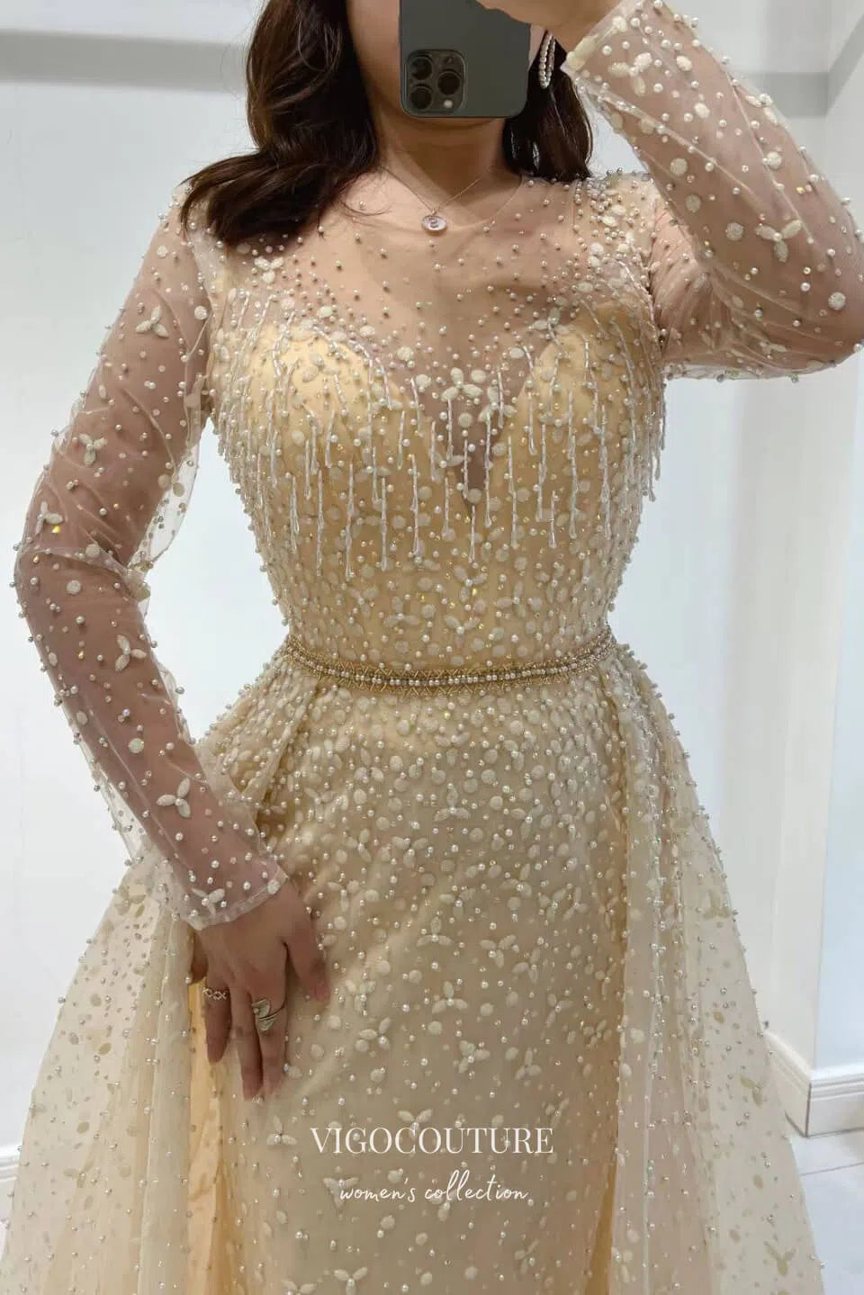 Prom Dress 2025 Elegant Champagne Beaded Prom Dress with Long Sleeve and Overskirt 22252-unique elegant Prom Dresses-Champagne-US2-vigocouture