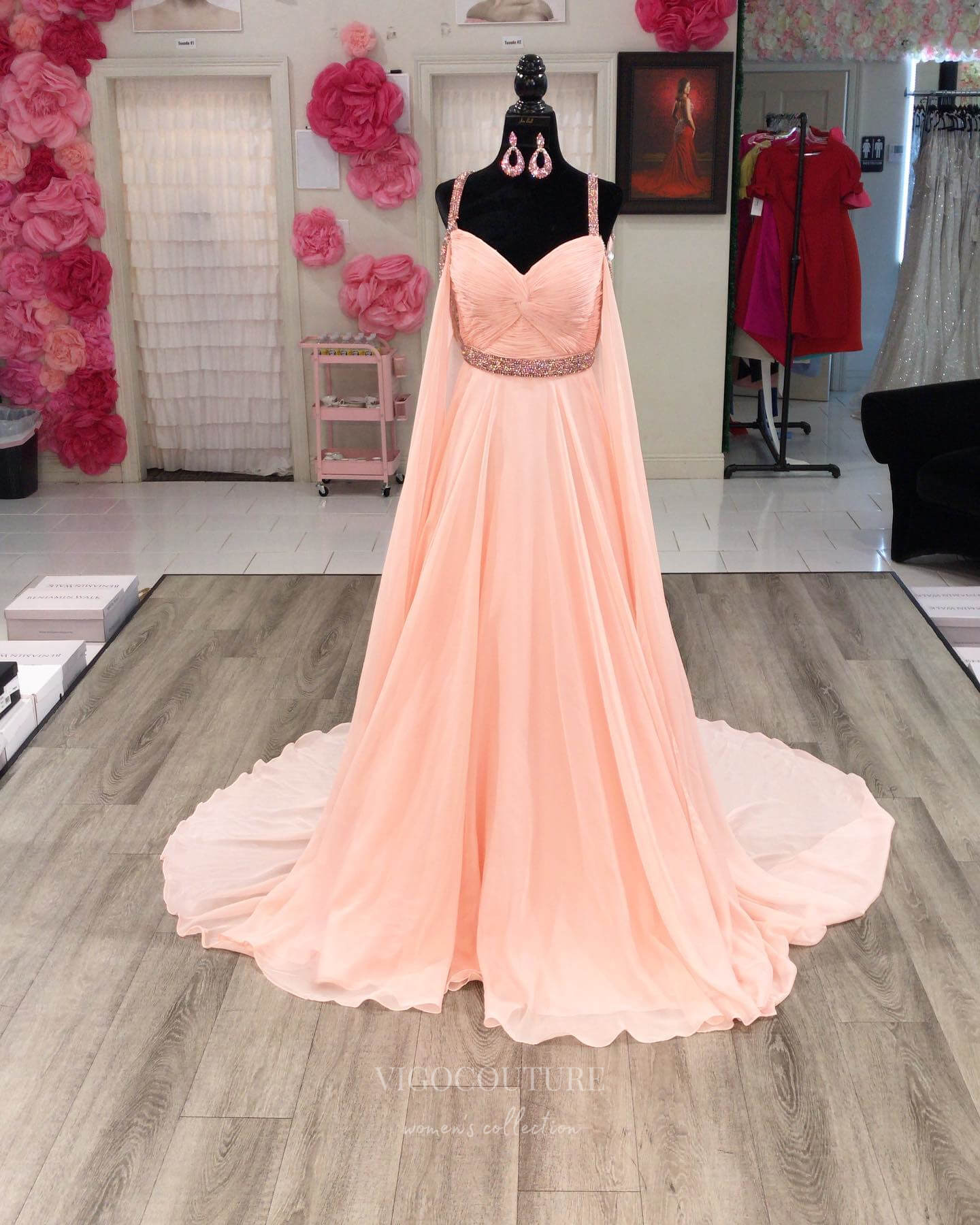 Elegant Chiffon Cape Sleeve Prom Dresses Beaded Shoulder Pleated Boidc –  vigocouture