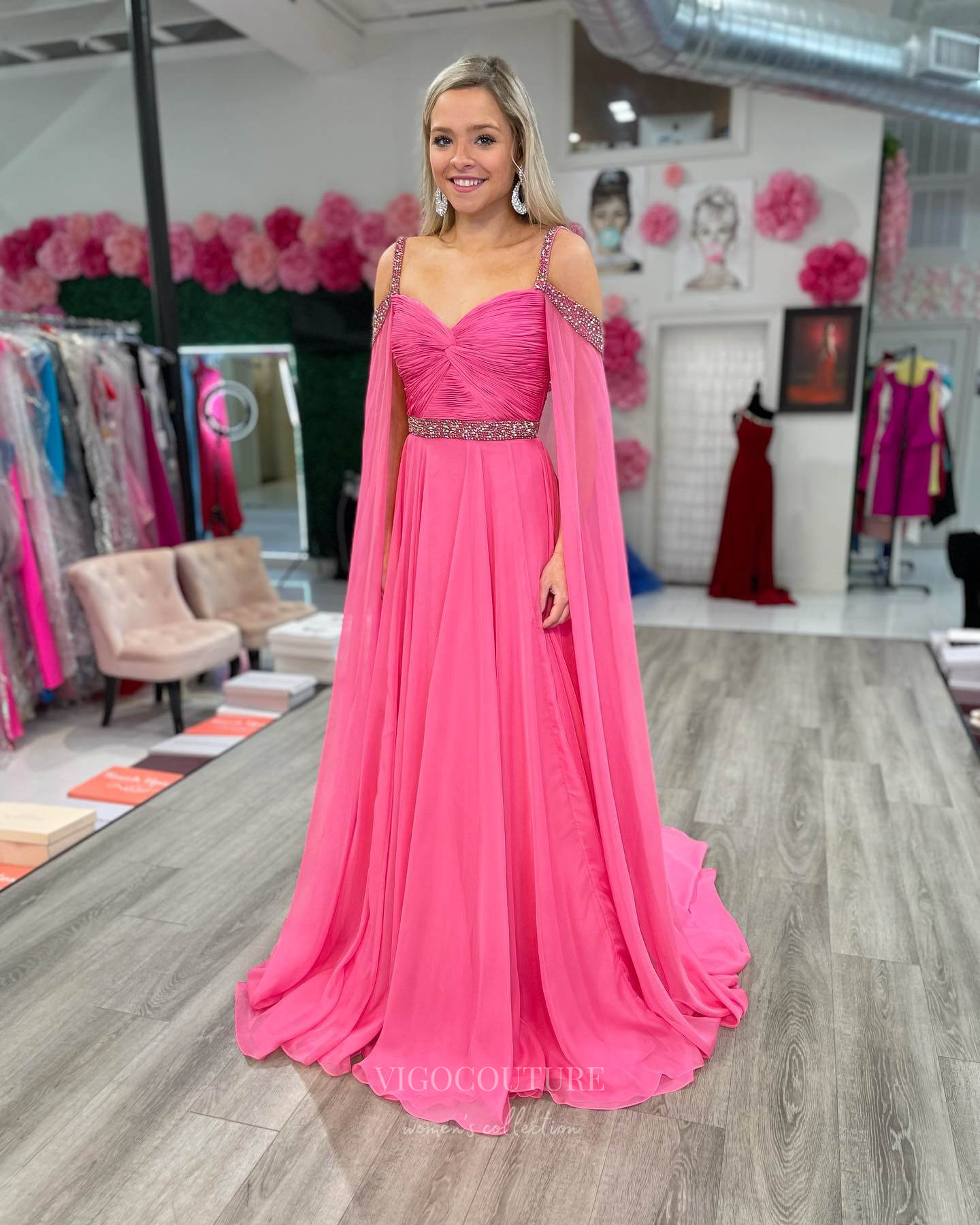 Prom Dress 2025 Elegant Chiffon Cape Sleeve Prom Dresses Beaded Shoulder Pleated Boidce 24323-unique elegant Prom Dresses-Pink-Custom Size-vigocouture