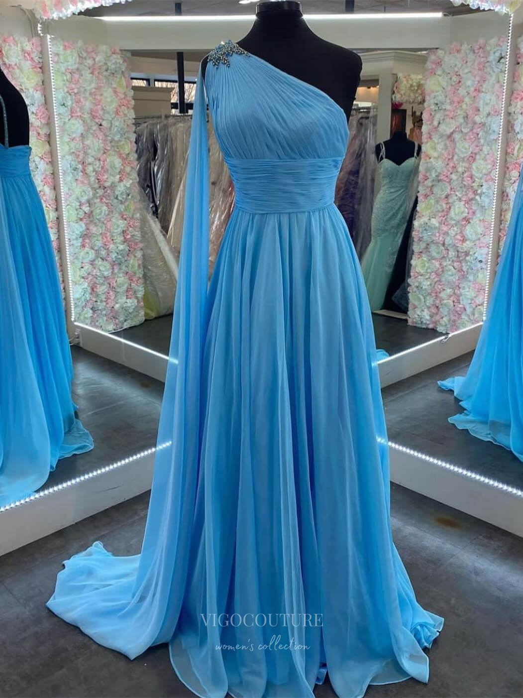 Prom Dress 2025 Elegant Chiffon One Shoulder Prom Dresses Watteau Train Pleated Boidce 24321-unique elegant Prom Dresses-Blue-Custom Size-vigocouture