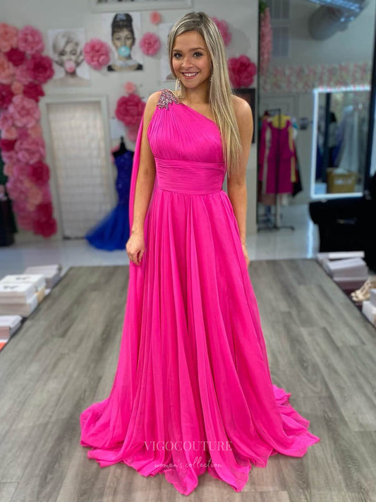 Prom Dress 2025 Elegant Chiffon One Shoulder Prom Dresses Watteau Train Pleated Boidce 24321-unique elegant Prom Dresses-Fuchsia-Custom Size-vigocouture