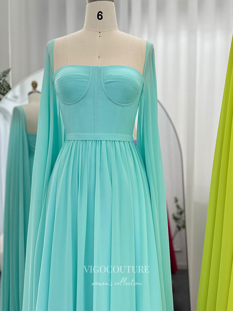 Prom Dress 2025 Elegant Chiffon Sheath Prom Dresses Extra Long Sleeve Mother of the Bride Dress 24443-unique elegant Prom Dresses-Aqua-Custom Size-vigocouture