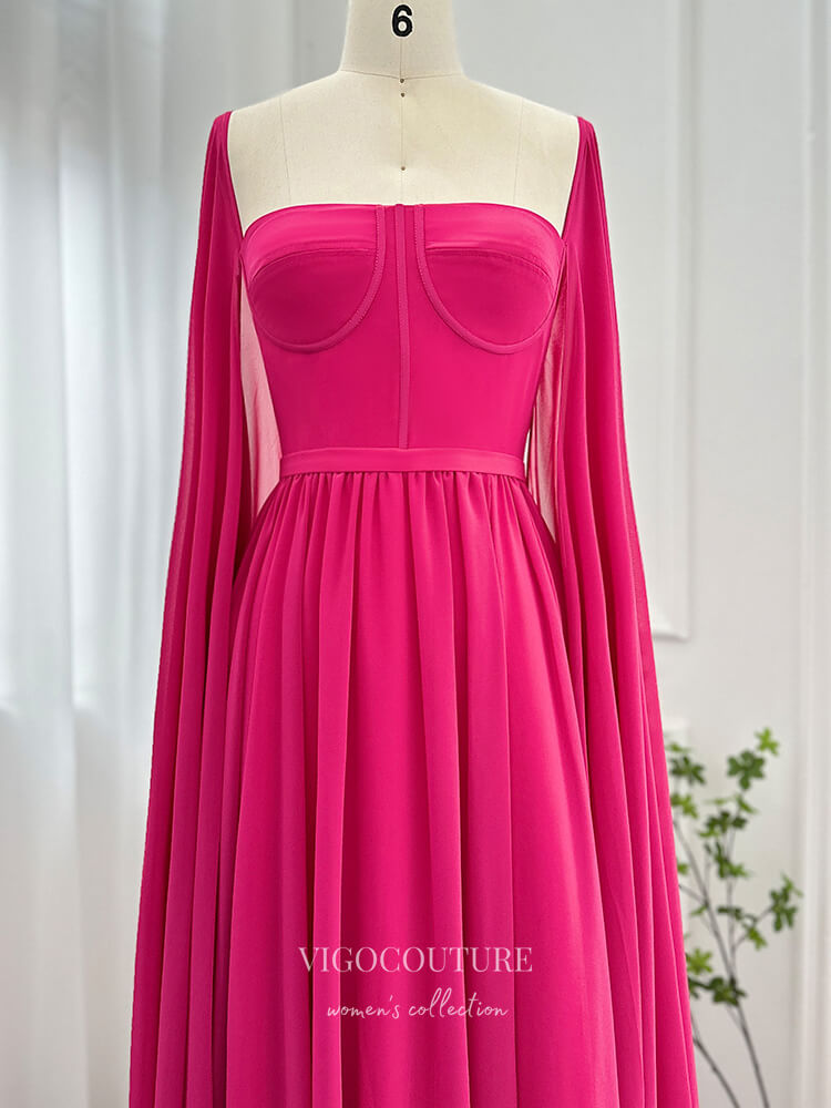 Prom Dress 2025 Elegant Chiffon Sheath Prom Dresses Extra Long Sleeve Mother of the Bride Dress 24443-unique elegant Prom Dresses-Fuchsia-Custom Size-vigocouture