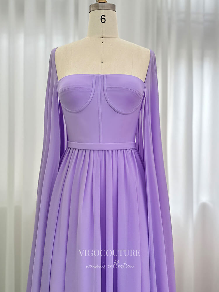 Prom Dress 2025 Elegant Chiffon Sheath Prom Dresses Extra Long Sleeve Mother of the Bride Dress 24443-unique elegant Prom Dresses-Lavender-Custom Size-vigocouture