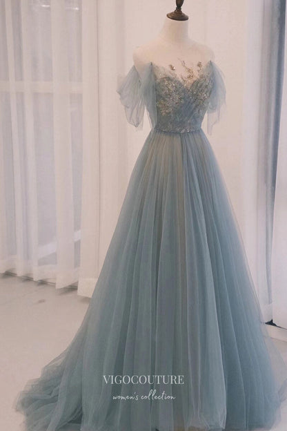 Elegant Dusty Blue Off the Shoulder Prom Dress with Sequin Lace Applique 22282 Custom Colors / US0 Elegant Dusty Blue Off the Shoulder Prom Dress with Sequin Lace Applique 22282 Custom Colors / US0