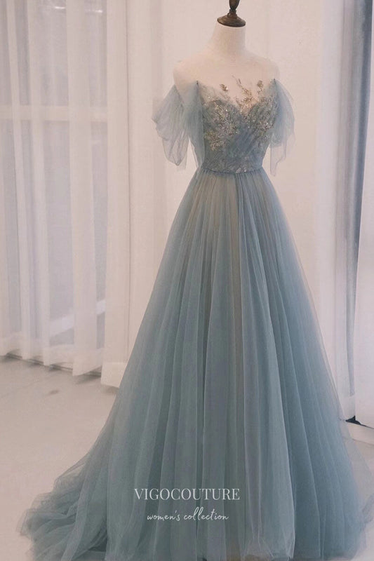 Prom Dress 2025 Elegant Dusty Blue Off the Shoulder Prom Dress with Sequin Lace Applique 22282-unique elegant Prom Dresses-Dusty Blue-Custom Size-vigocouture