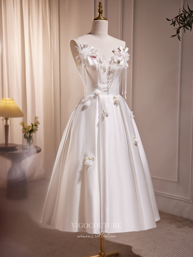 Elegant Floral Satin Hoco Dresses Spaghetti Strap Tea-Length Dress hc2 vigocouture Elegant Floral Satin Hoco Dresses Spaghetti Strap Tea-Length Dress hc2 vigocouture
