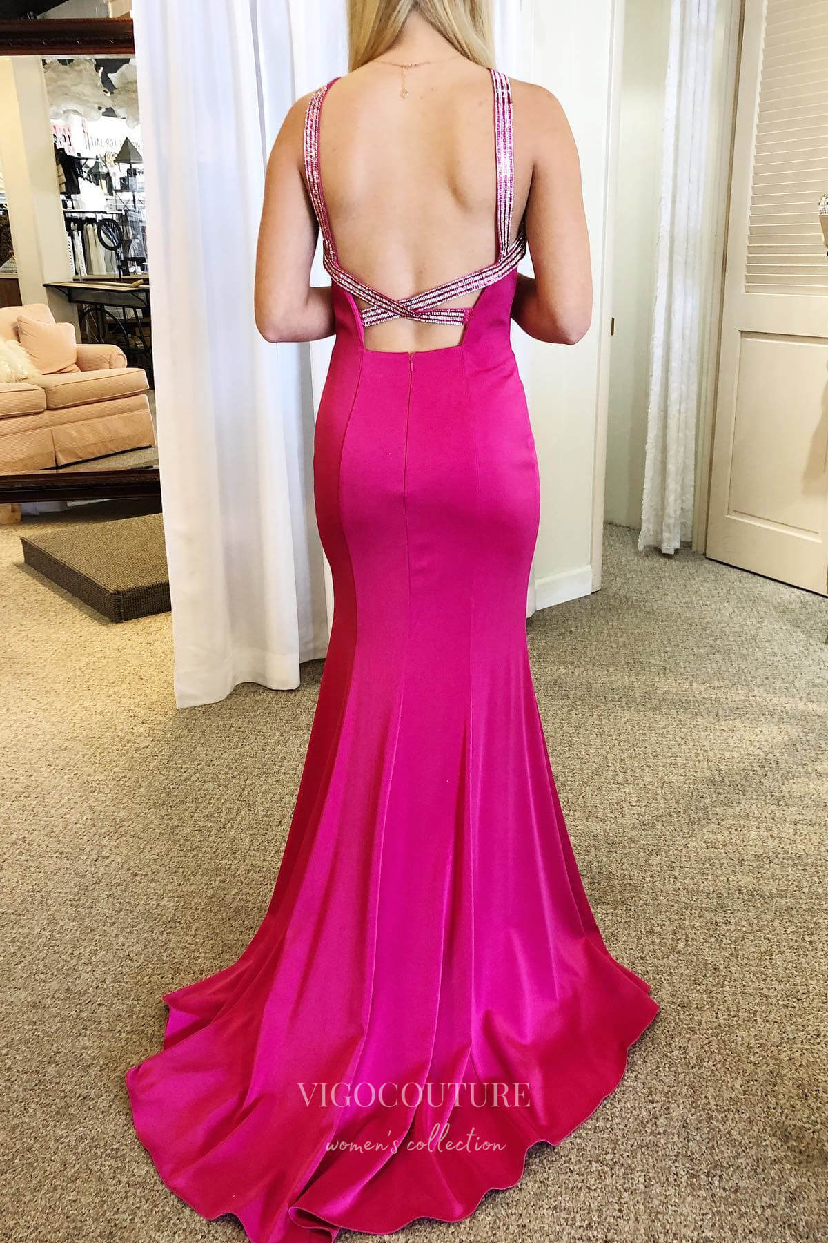 Elegant Fuchsia Mermaid Satin Prom Dress with Halter Neck and Thigh-Hi vigocouture Elegant Fuchsia Mermaid Satin Prom Dress with Halter Neck and Thigh-Hi vigocouture