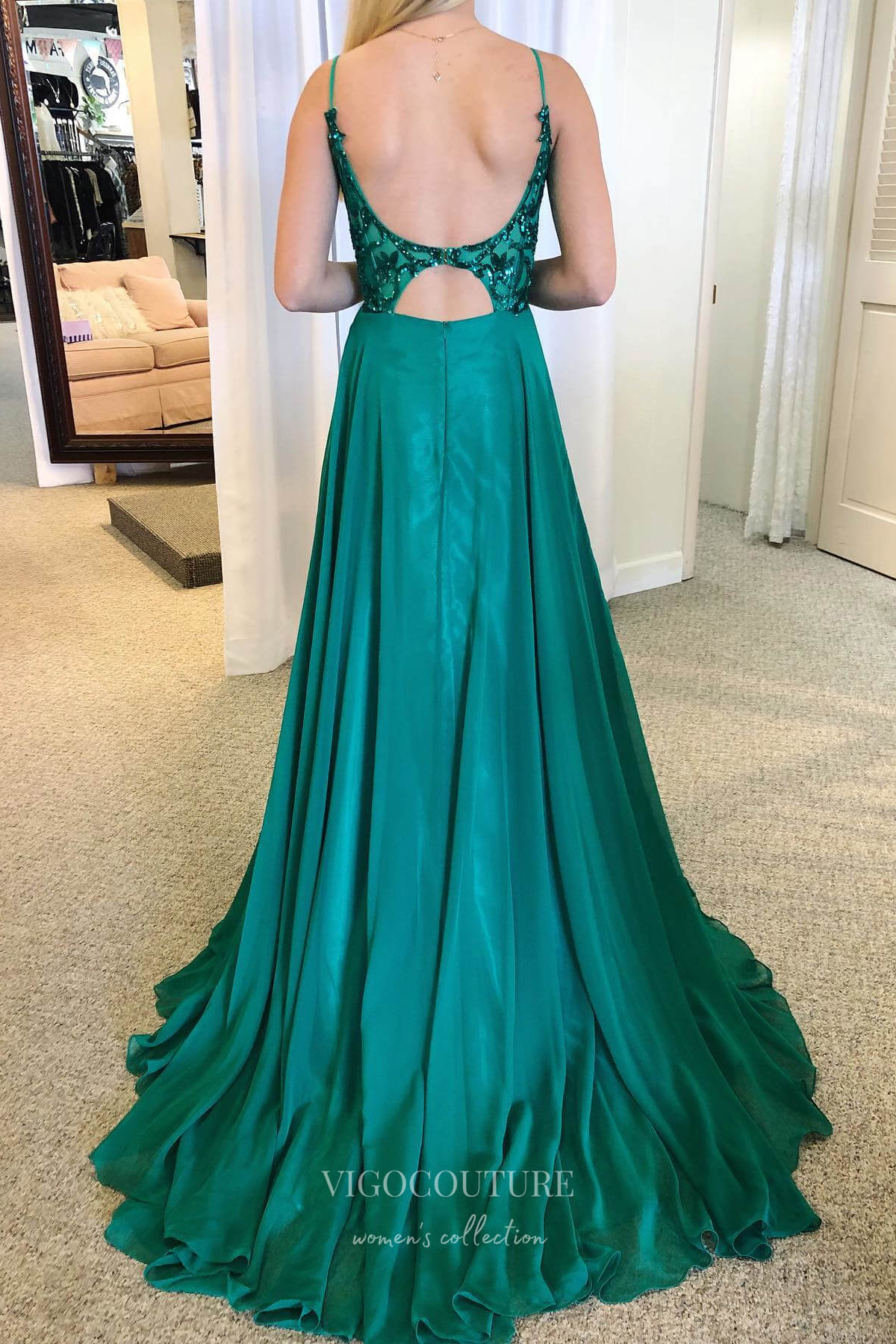 Elegant Green Spaghetti Strap Prom Dress with Sequin Bodice and Chiffon Bottom 22198 - Green / US10 Elegant Green Spaghetti Strap Prom Dress with Sequin Bodice and Chiffon Bottom 22198 - Green / US10