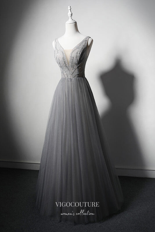 Elegant Grey Beaded Prom Dress with Plunging V-Neck 22378 vigocouture Elegant Grey Beaded Prom Dress with Plunging V-Neck 22378 vigocouture