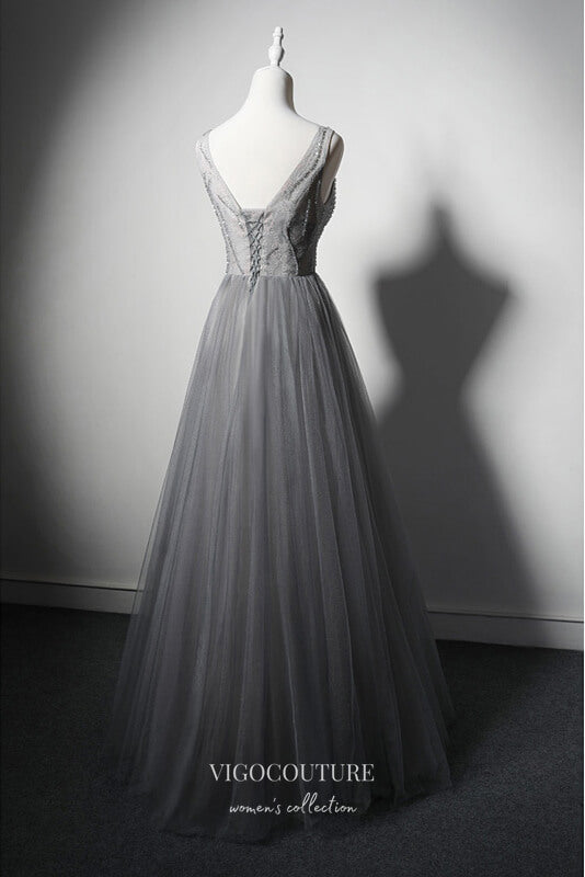 Prom Dress 2025 Elegant Grey Beaded Prom Dress with Plunging V-Neck 22378-unique elegant Prom Dresses-Grey-Custom Size-vigocouture