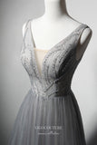 Prom Dress 2025 Elegant Grey Beaded Prom Dress with Plunging V-Neck 22378-unique elegant Prom Dresses-Grey-Custom Size-vigocouture