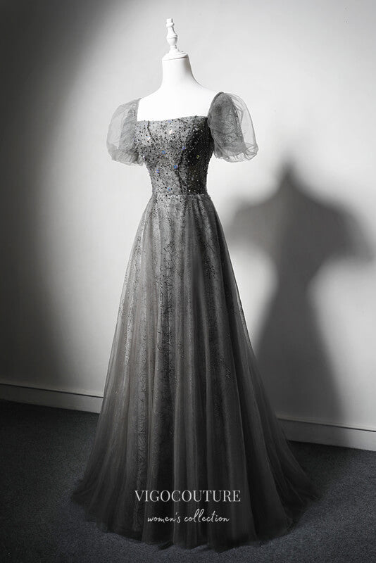 Elegant Grey Beaded Prom Dress with Puffed Sleeve 22377 – vigocouture