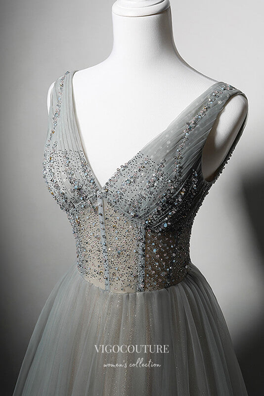 Prom Dress 2025 Elegant Grey Beaded Prom Dresses with V-Neck 22364-unique elegant Prom Dresses-Grey-Custom Size-vigocouture