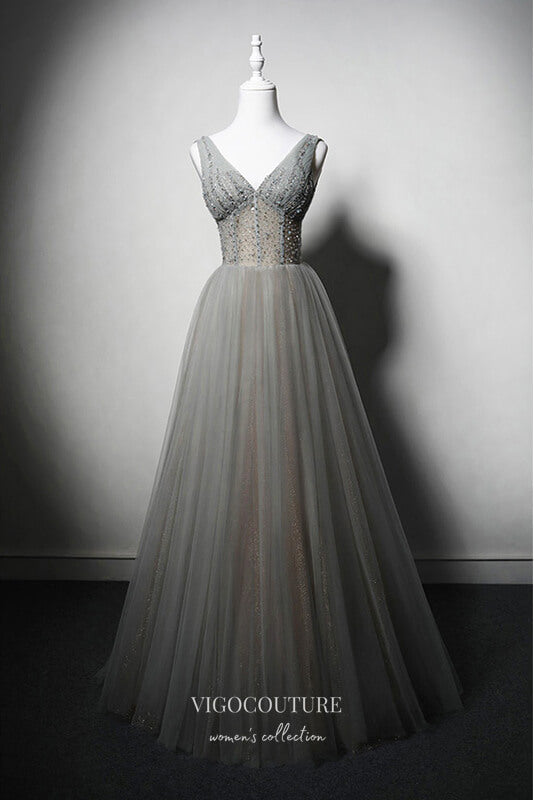 Prom Dress 2025 Elegant Grey Beaded Prom Dresses with V-Neck 22364-unique elegant Prom Dresses-Grey-Custom Size-vigocouture