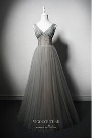 Elegant Grey Beaded Prom Dresses with V-Neck 22364