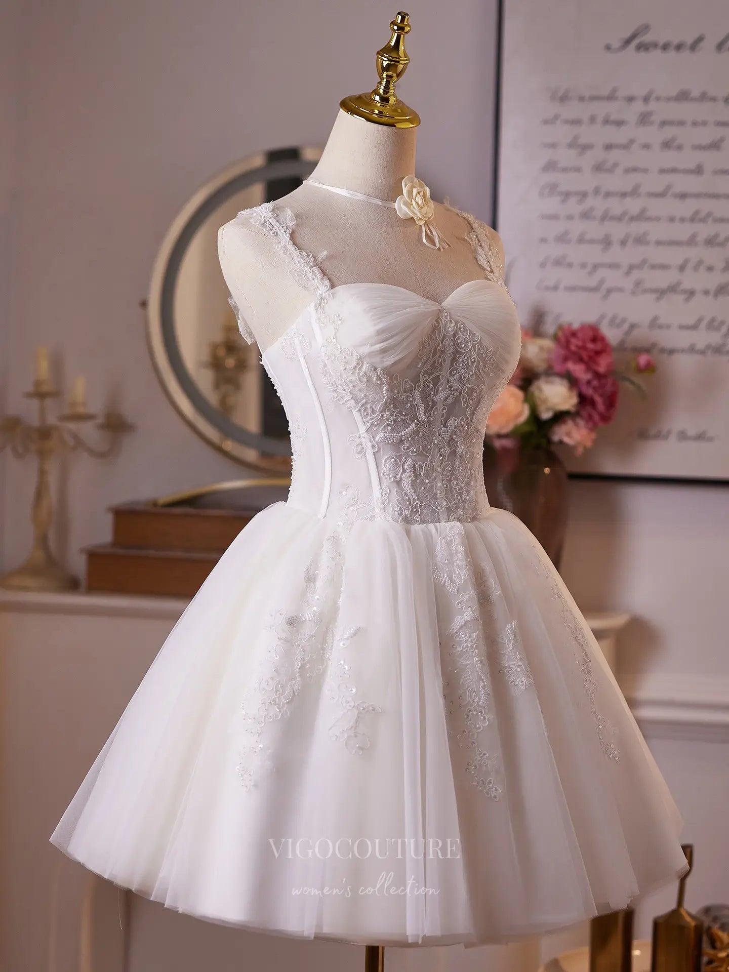 Elegant Ivory Lace Short Dress, Sweetheart Neckline – 26006 – vigocouture