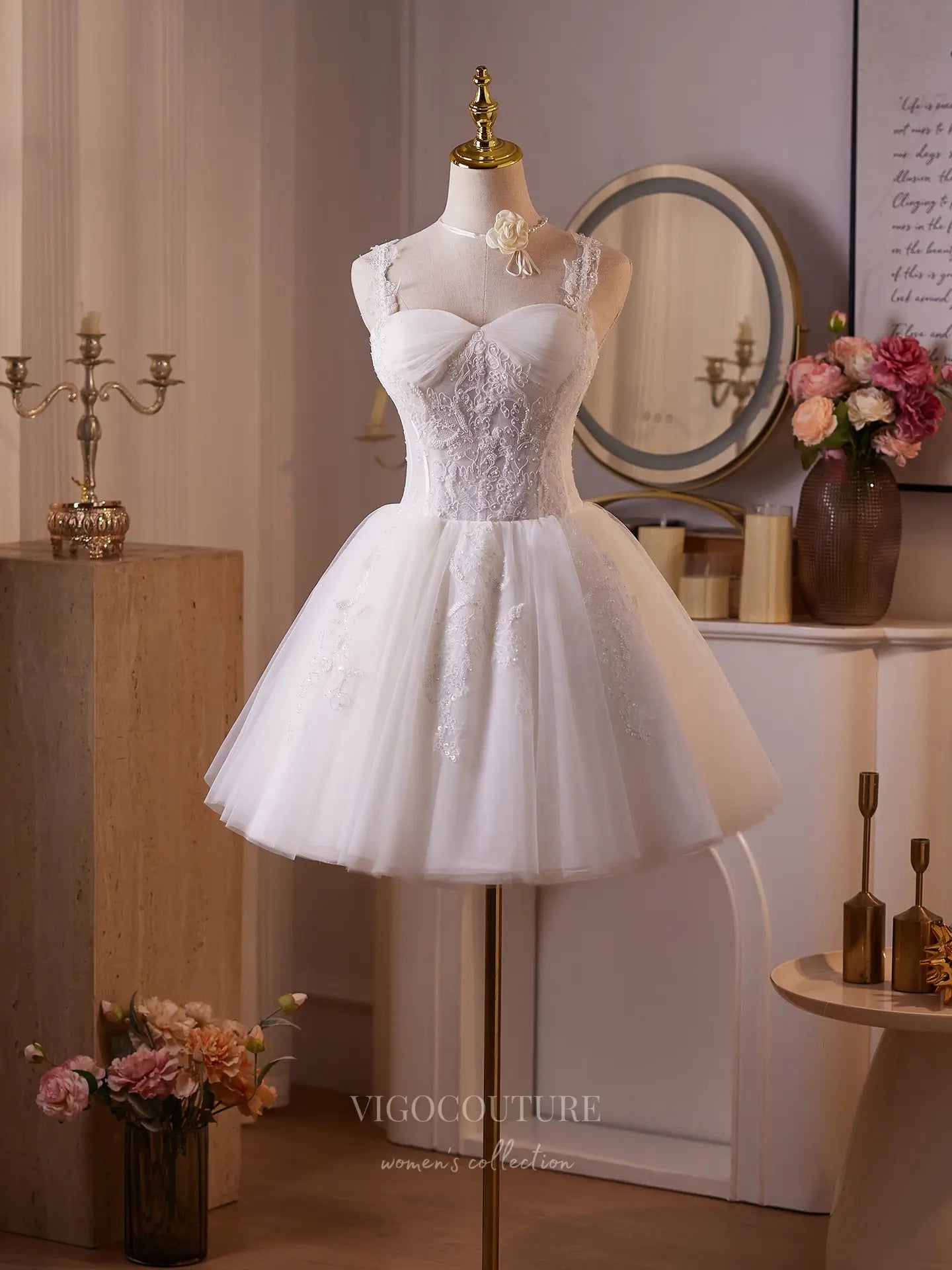 Elegant Ivory Lace Short Dress, Sweetheart Neckline – 26006 – vigocouture