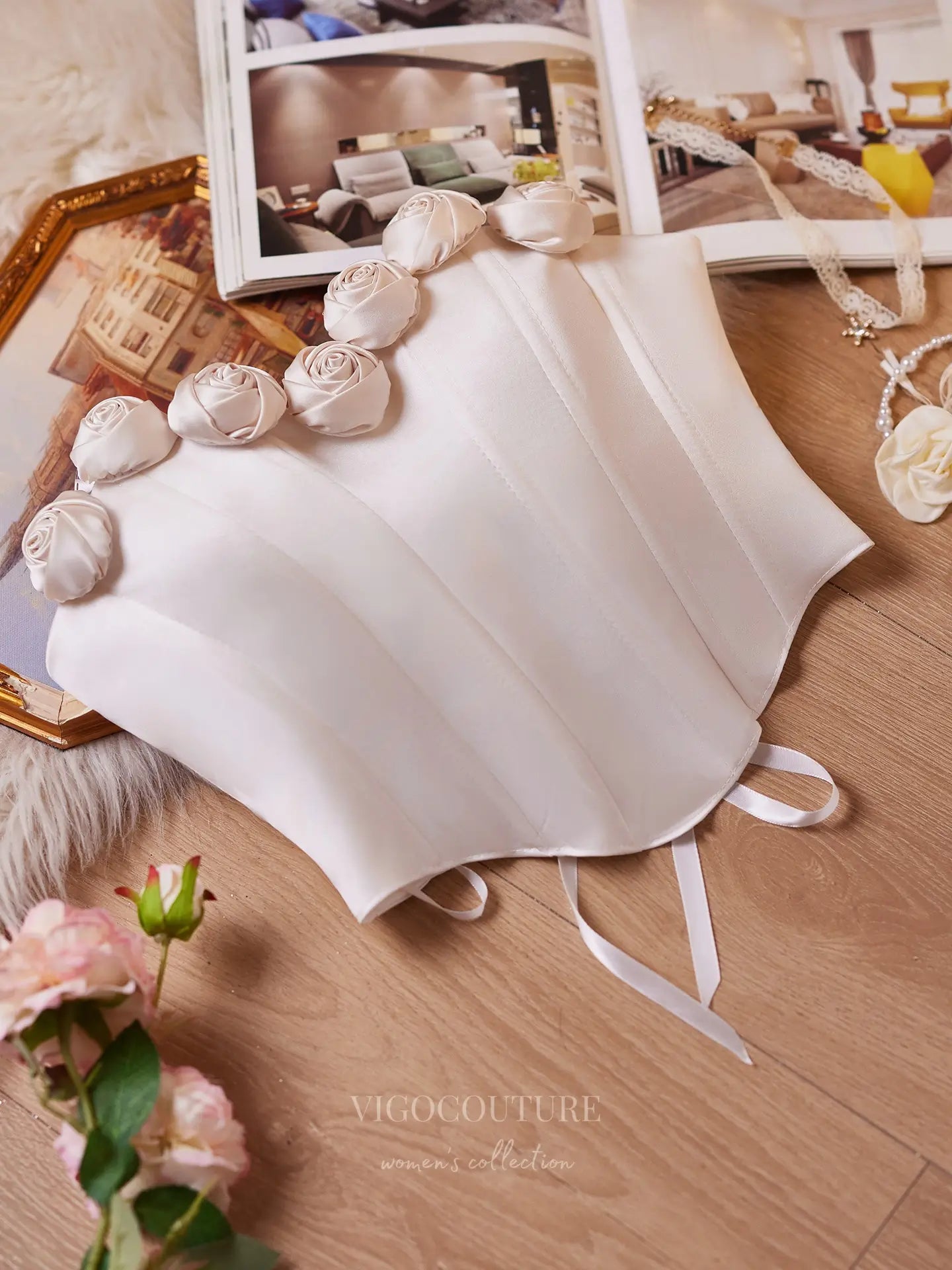 Prom Dresses 2025 to impress Elegant Ivory Satin Corset Top with 3D Rose Trim & Lace-Up Back – 26009-vigocouture-vigocouture