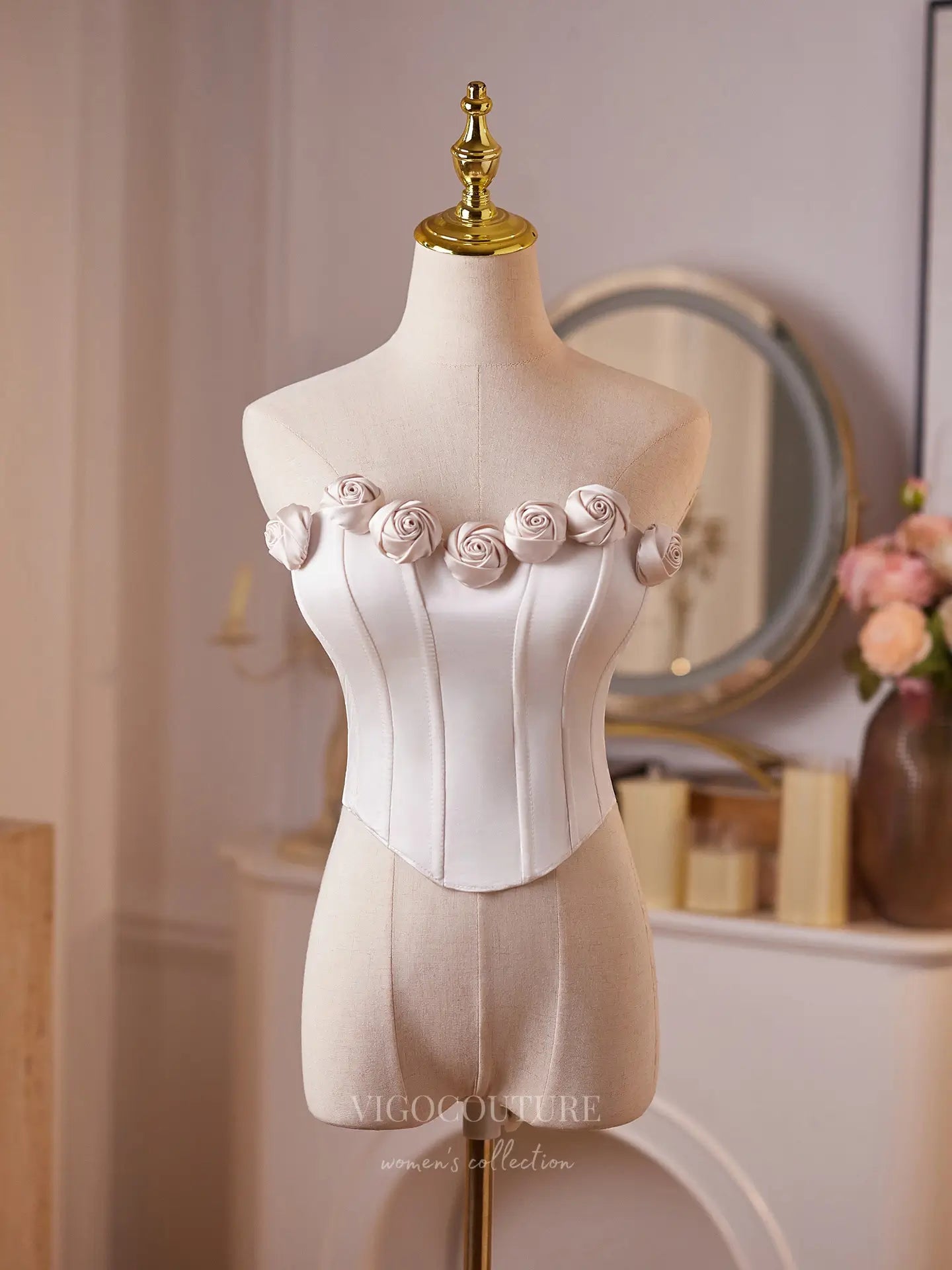 Elegant Ivory Satin Corset Top with 3D Rose Trim & Lace-Up Back – 26009