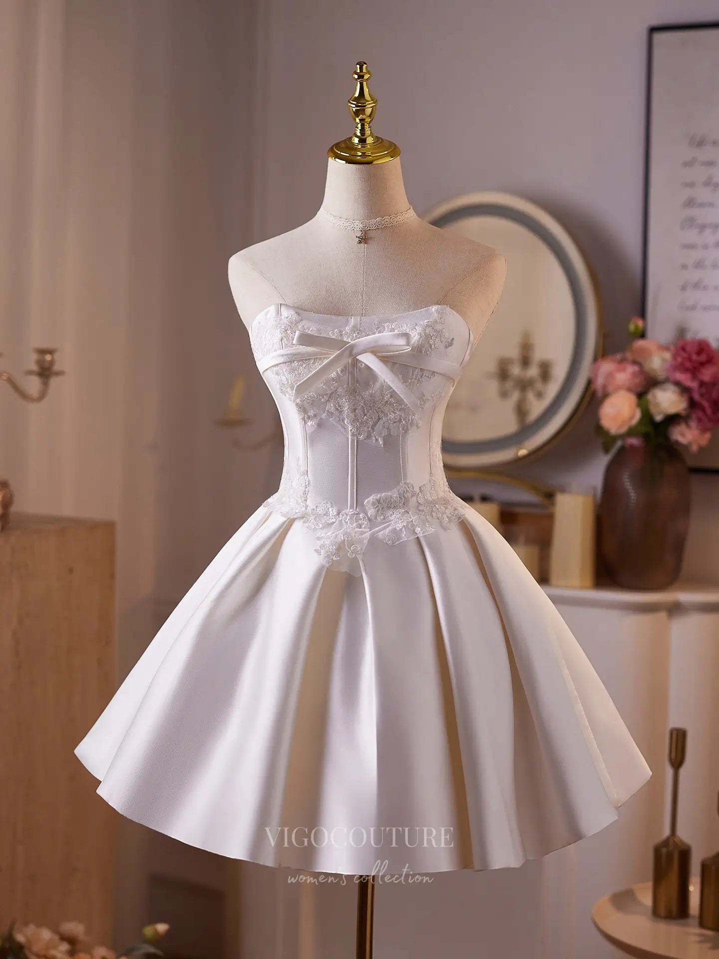 Elegant Ivory Satin Homecoming Dress with Lace Appliqués, Sweetheart Neckline & Satin Bow – 26007