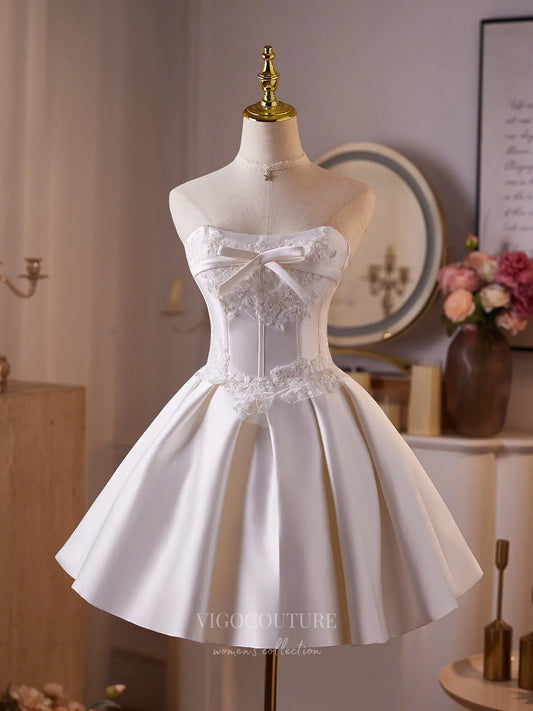 Elegant Ivory Satin Homecoming Dress with Lace Appliqués, Sweetheart Neckline & Satin Bow – 26007