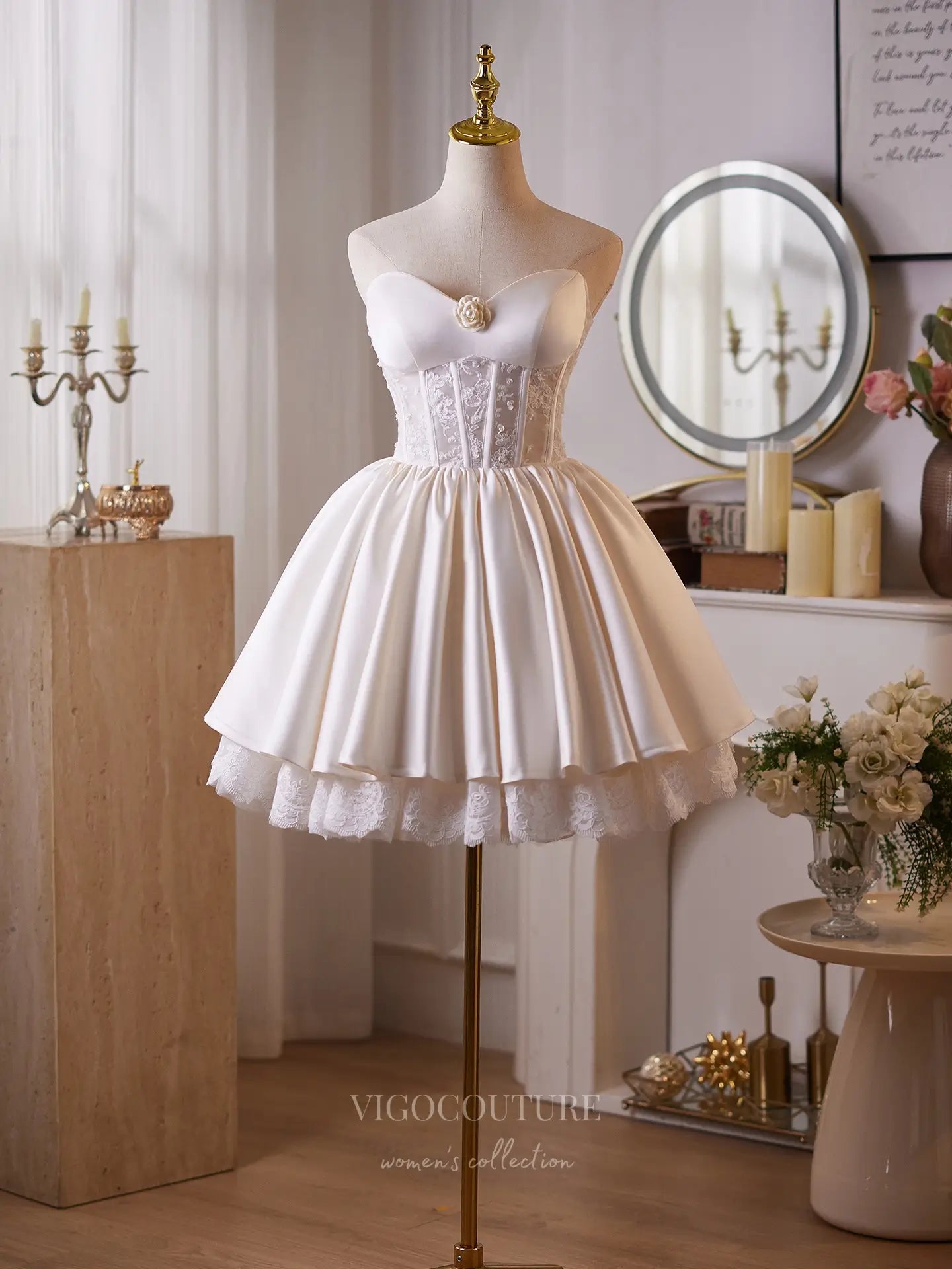 Prom Dresses 2025 to impress Elegant Ivory Satin Homecoming Dress with Lace Corset Bodice & Sweetheart Neckline – 26013-vigocouture-vigocouture