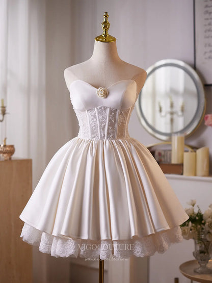 Elegant Ivory Satin Homecoming Dress with Lace Corset Bodice & Sweetheart Neckline – 26013