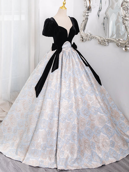 Elegant Jacquard Prom Dresses with Short Sleeve, Velvet Bodice, Quince vigocouture Elegant Jacquard Prom Dresses with Short Sleeve, Velvet Bodice, Quince vigocouture