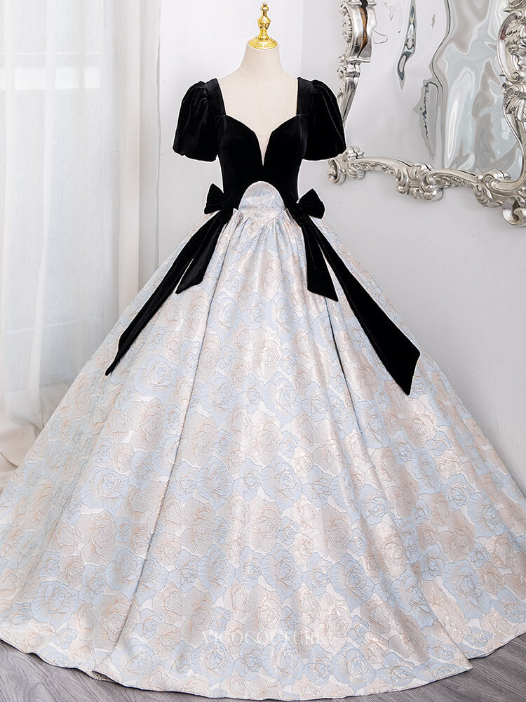 Prom Dresses 2025 to impress Elegant Jacquard Prom Dresses with Short Sleeve, Velvet Bodice, Quinceanera Dresses BG014-vigocouture-Black-Custom Size-vigocouture