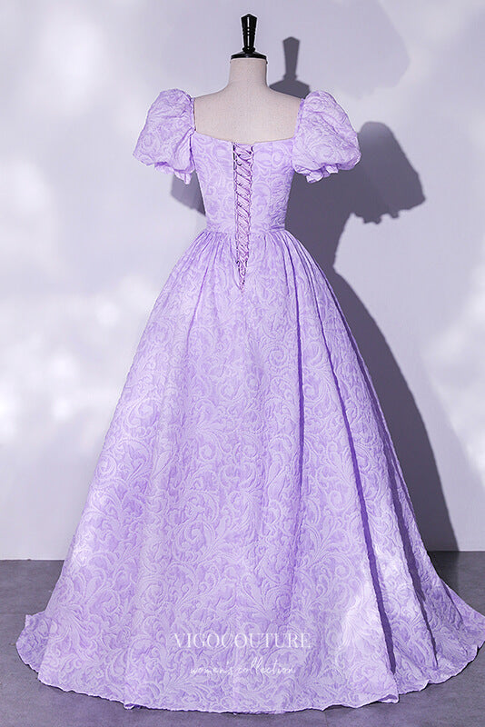 Prom Dress 2025 Elegant Jacquard Satin Prom Dress with Puffed Sleeve 22343-unique elegant Prom Dresses-Lilac-Custom Size-vigocouture