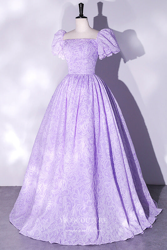 Prom Dress 2025 Elegant Jacquard Satin Prom Dress with Puffed Sleeve 22343-unique elegant Prom Dresses-Lilac-Custom Size-vigocouture