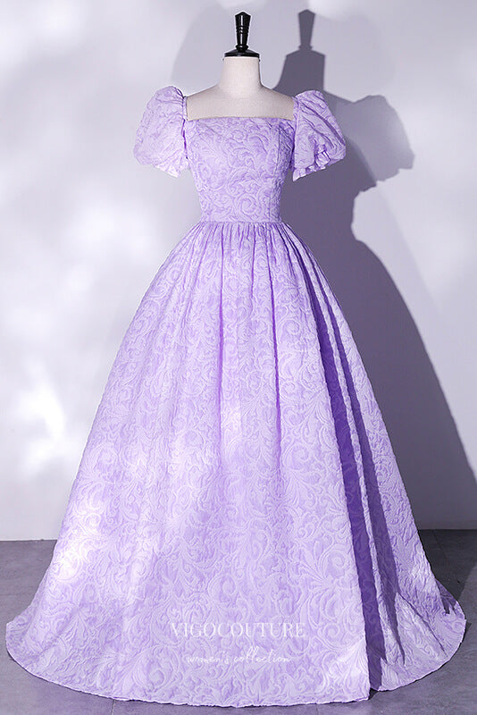 Prom Dress 2025 Elegant Jacquard Satin Prom Dress with Puffed Sleeve 22343-unique elegant Prom Dresses-Lilac-Custom Size-vigocouture