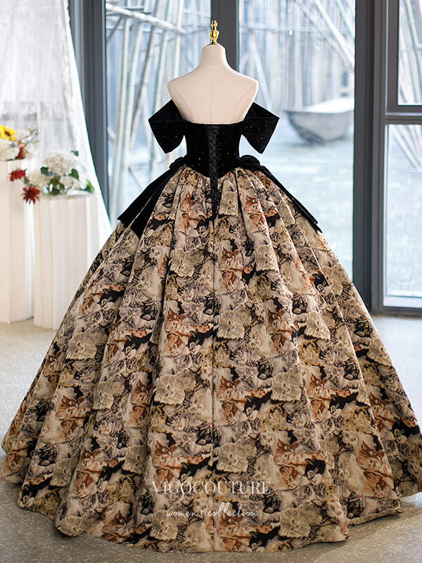 Elegant Kitty Print Satin Prom Dress with Removable Off-the-Shoulder D vigocouture Elegant Kitty Print Satin Prom Dress with Removable Off-the-Shoulder D vigocouture